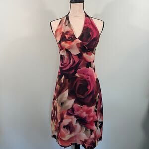 Vtg 90s/Y2K Emanuel Ungaro Silk Red Floral Halter Tie Back Cocktail Dress Size 2